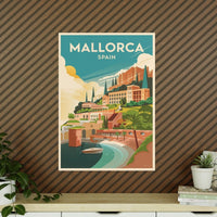 Mallorca Spanien Travelposter - Bunte Stadtlandschaft Kirche Palmen - Poster bei HappyHugPixels