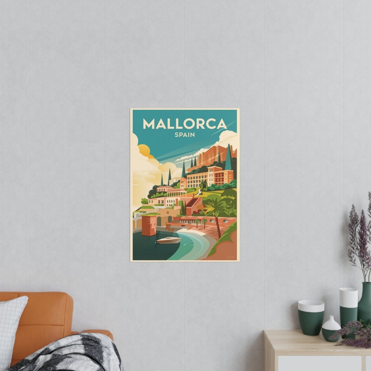 Mallorca Spanien Travelposter - Bunte Stadtlandschaft Kirche Palmen - Poster bei HappyHugPixels