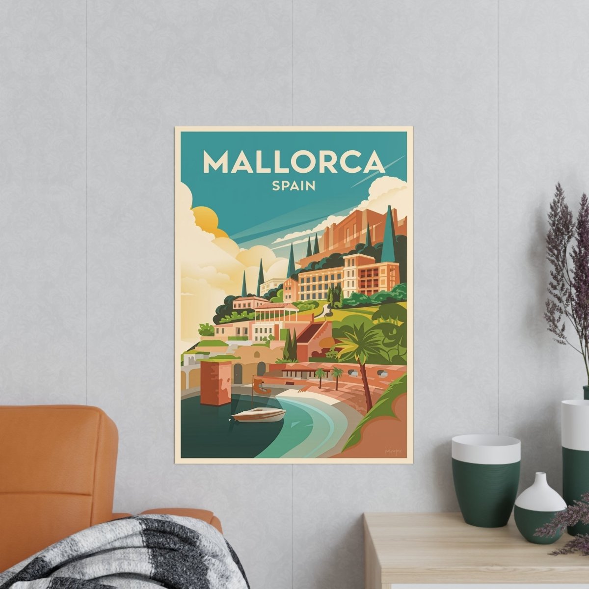 Mallorca Spanien Travelposter - Bunte Stadtlandschaft Kirche Palmen - Poster bei HappyHugPixels