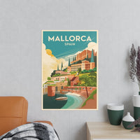 Mallorca Spanien Travelposter - Bunte Stadtlandschaft Kirche Palmen - Poster bei HappyHugPixels