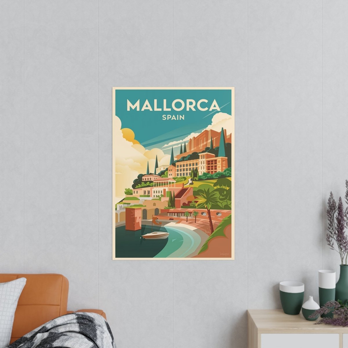 Mallorca Spanien Travelposter - Bunte Stadtlandschaft Kirche Palmen - Poster bei HappyHugPixels