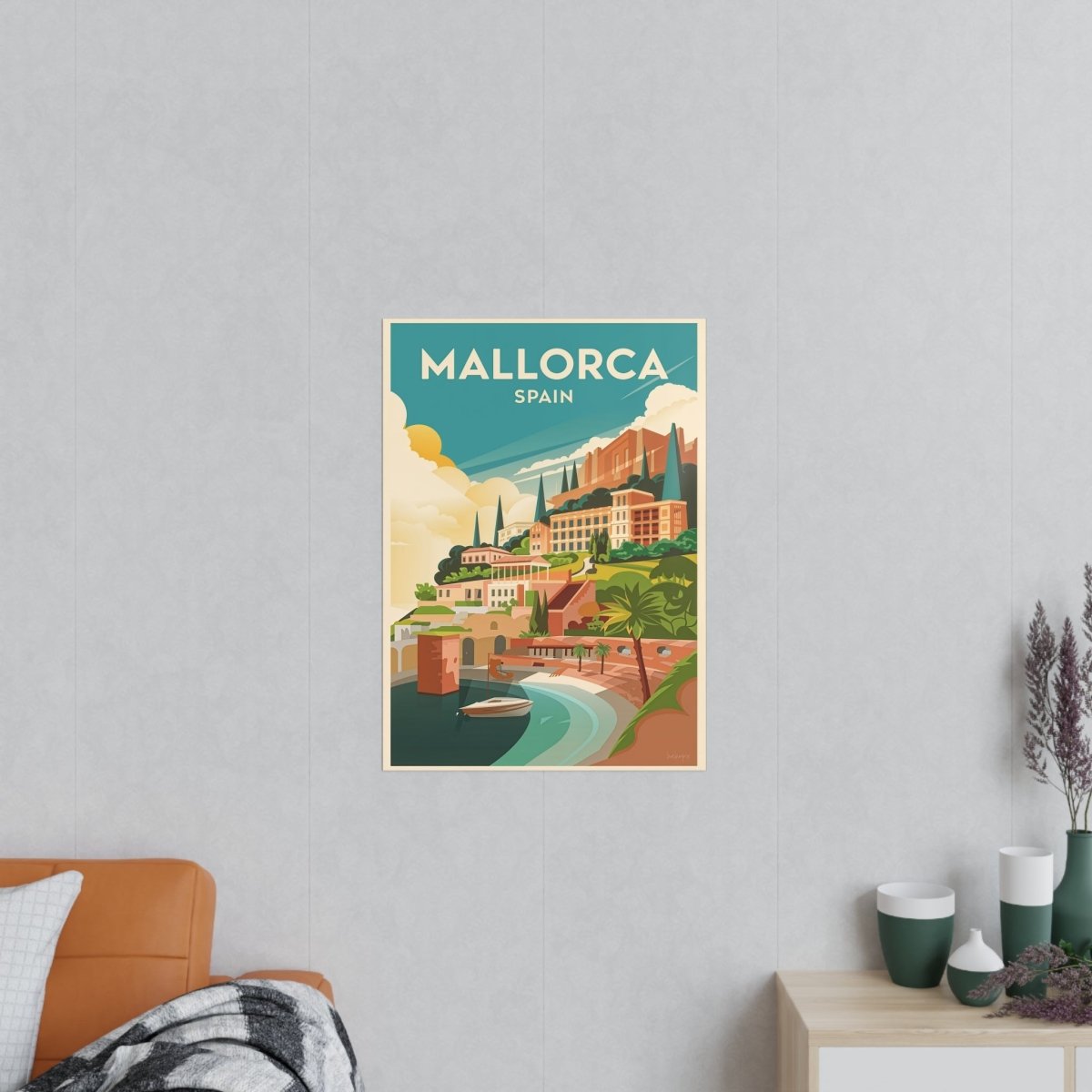 Mallorca Spanien Travelposter - Bunte Stadtlandschaft Kirche Palmen - Poster bei HappyHugPixels