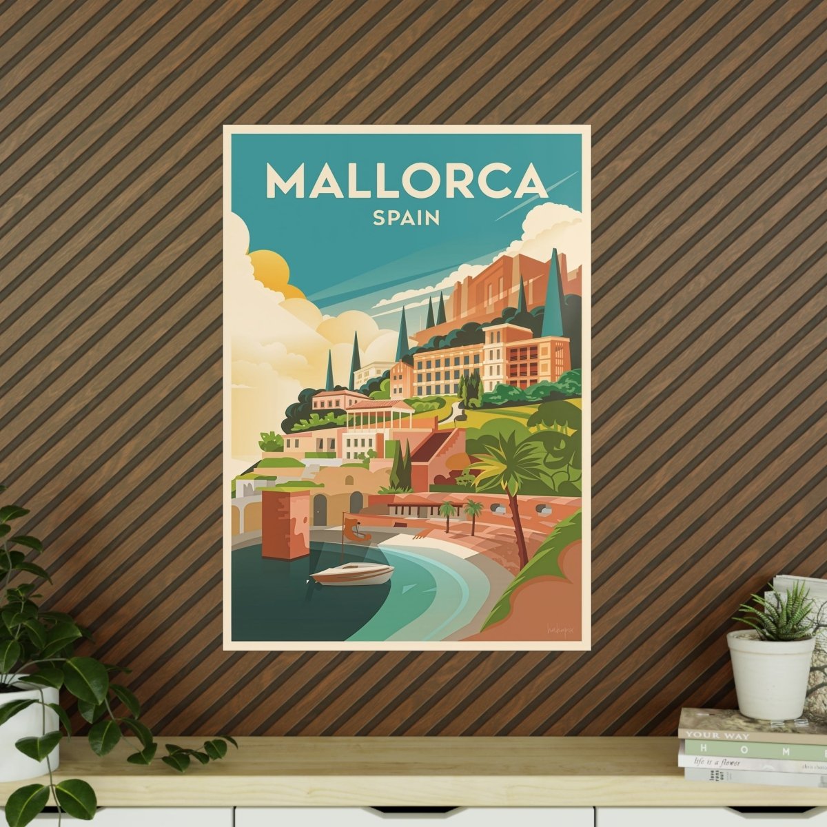 Mallorca Spanien Travelposter - Bunte Stadtlandschaft Kirche Palmen - Poster bei HappyHugPixels