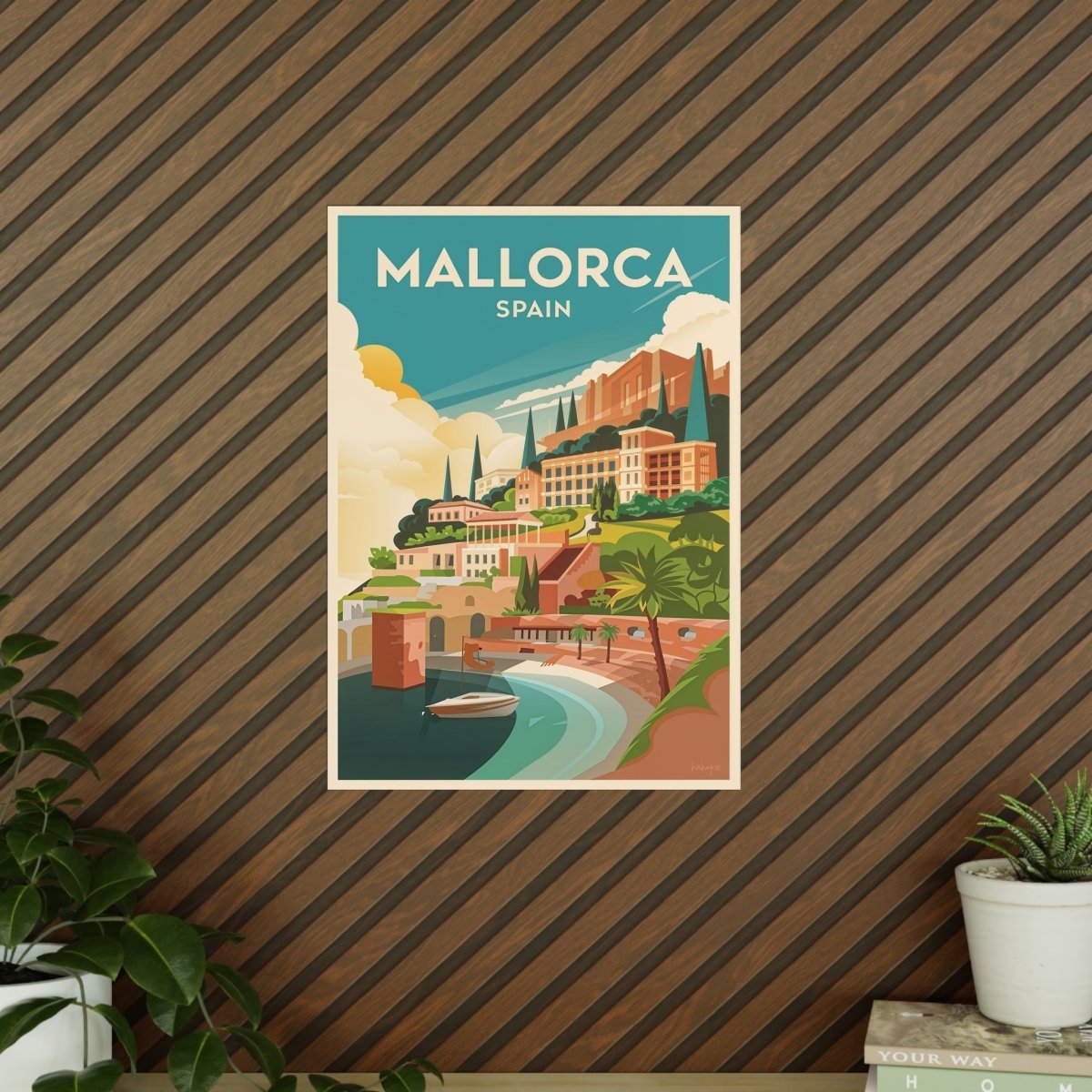 Mallorca Spanien Travelposter - Bunte Stadtlandschaft Kirche Palmen - Poster bei HappyHugPixels