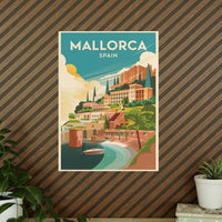 Mallorca Spanien Travelposter - Bunte Stadtlandschaft Kirche Palmen - Poster bei HappyHugPixels