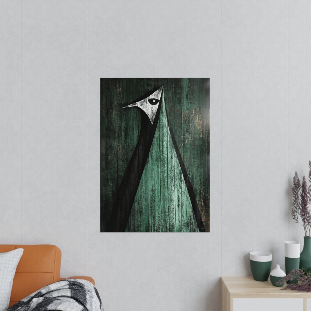 Minimalistisches Kunstposter – Abstrakter Vogel auf verwittertem Holz - Poster bei HappyHugPixels