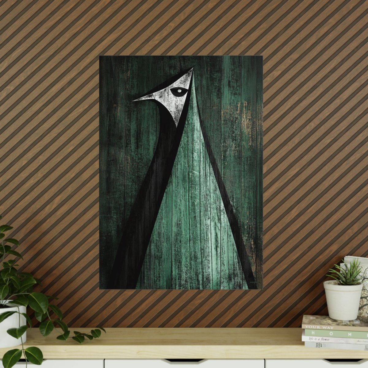 Minimalistisches Kunstposter – Abstrakter Vogel auf verwittertem Holz - Poster bei HappyHugPixels