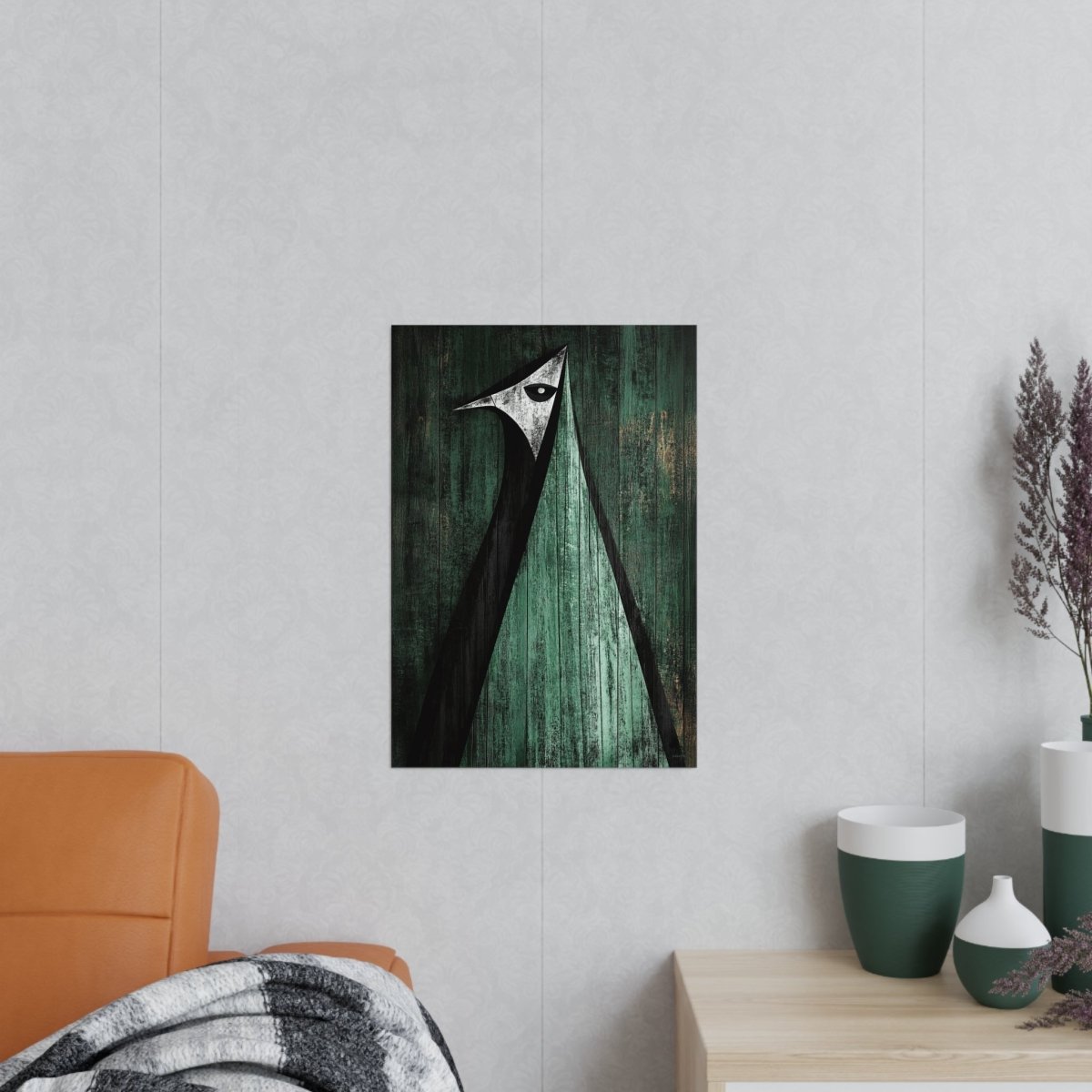 Minimalistisches Kunstposter – Abstrakter Vogel auf verwittertem Holz - Poster bei HappyHugPixels