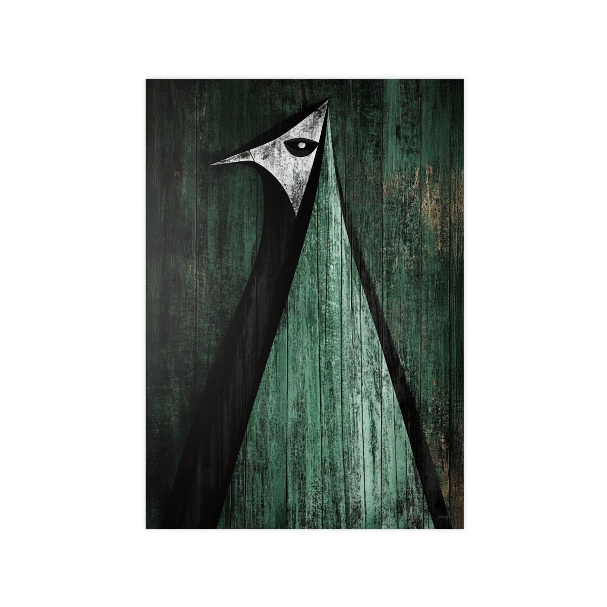 Minimalistisches Kunstposter – Abstrakter Vogel auf verwittertem Holz - Poster bei HappyHugPixels