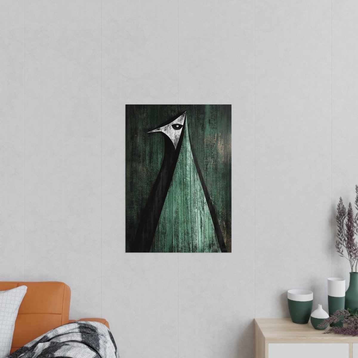 Minimalistisches Kunstposter – Abstrakter Vogel auf verwittertem Holz - Poster bei HappyHugPixels