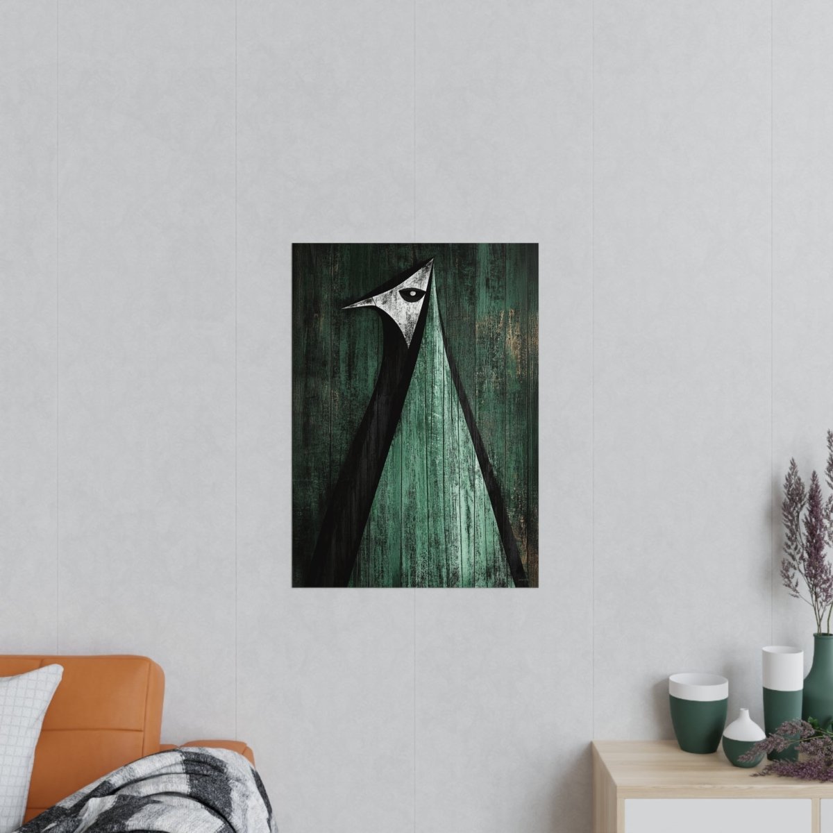 Minimalistisches Kunstposter – Abstrakter Vogel auf verwittertem Holz - Poster bei HappyHugPixels