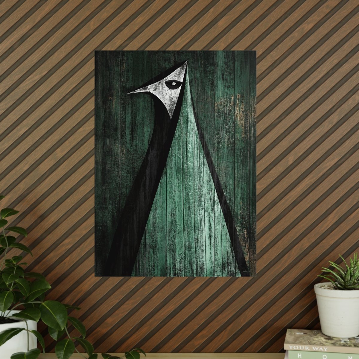 Minimalistisches Kunstposter – Abstrakter Vogel auf verwittertem Holz - Poster bei HappyHugPixels