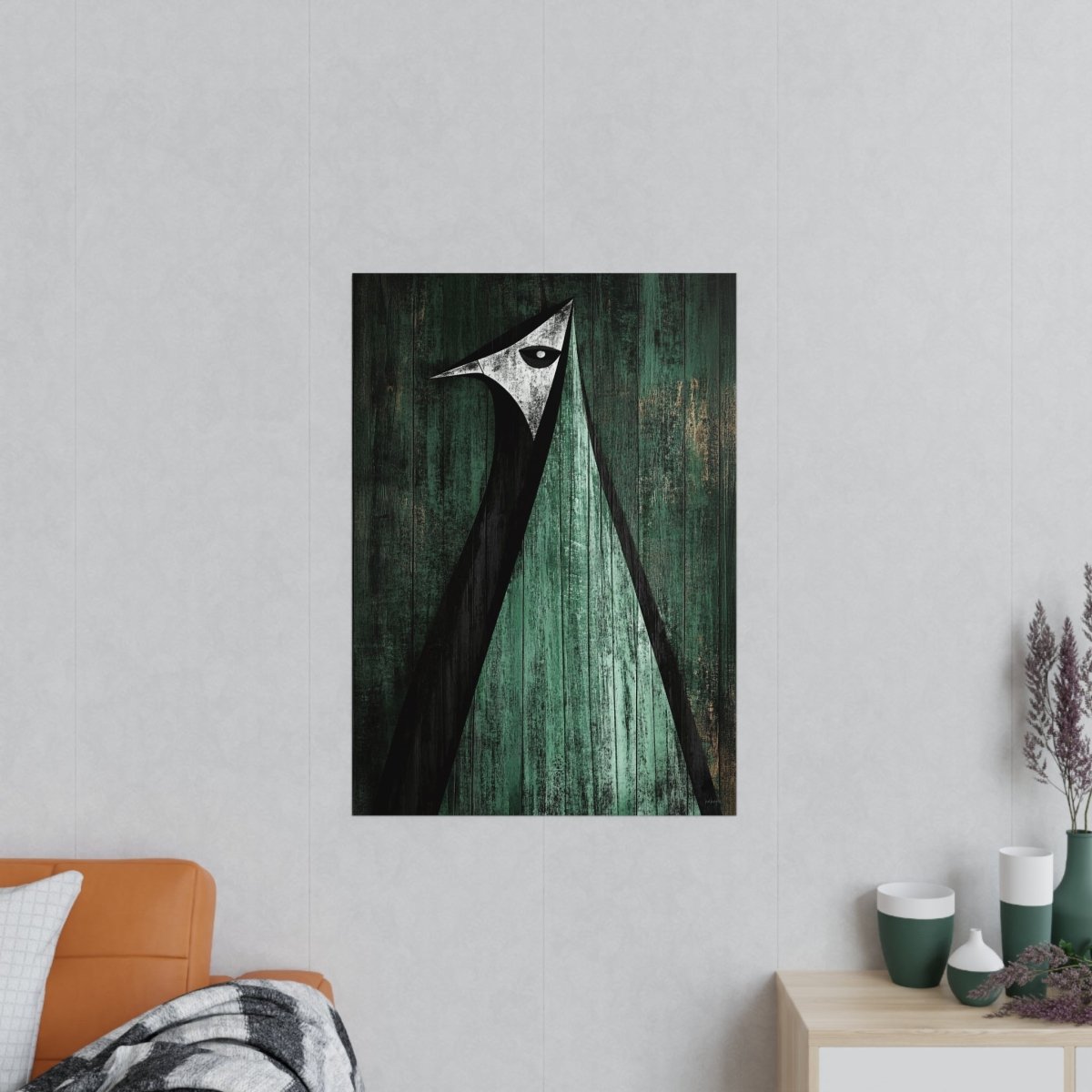 Minimalistisches Kunstposter – Abstrakter Vogel auf verwittertem Holz - Poster bei HappyHugPixels