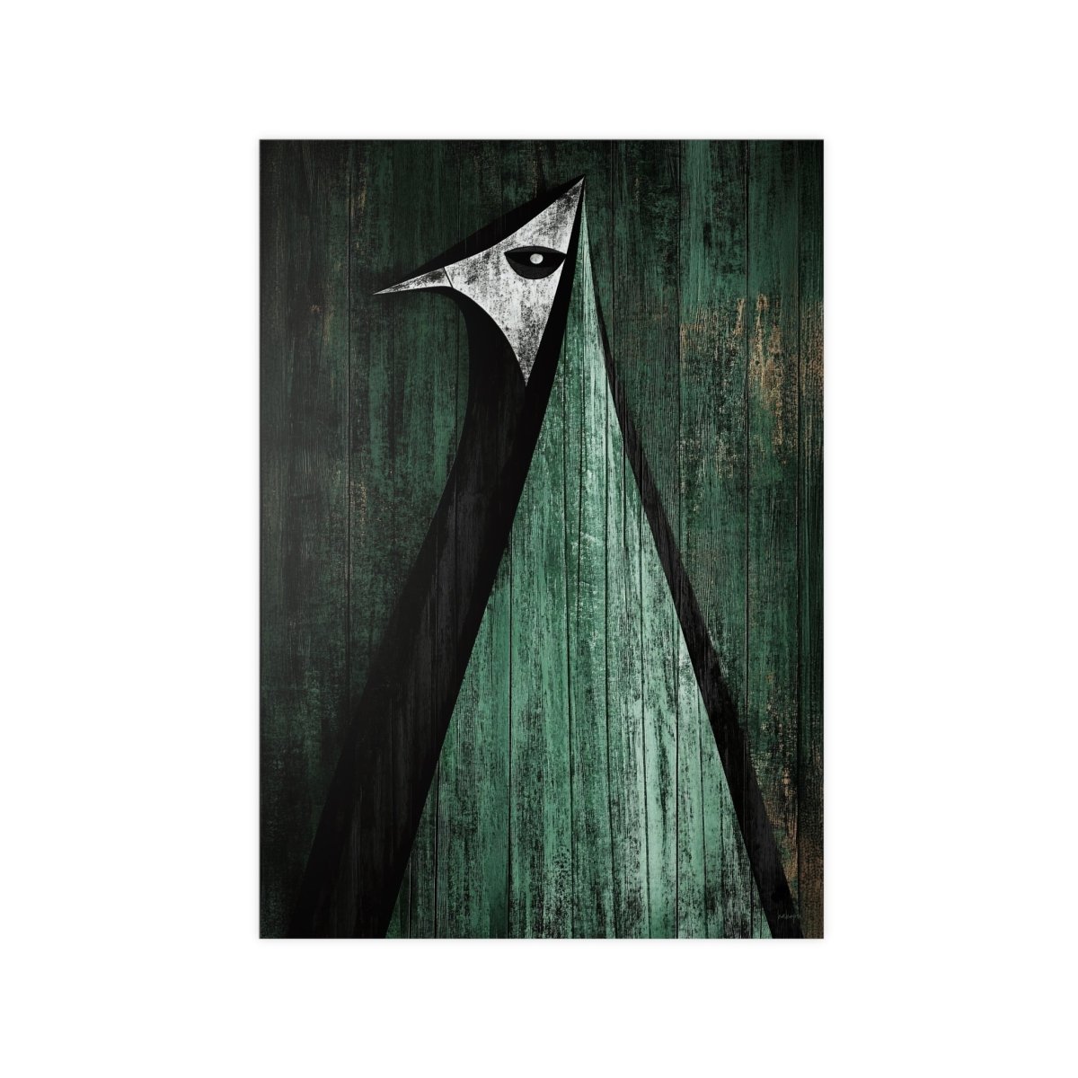 Minimalistisches Kunstposter – Abstrakter Vogel auf verwittertem Holz - Poster bei HappyHugPixels