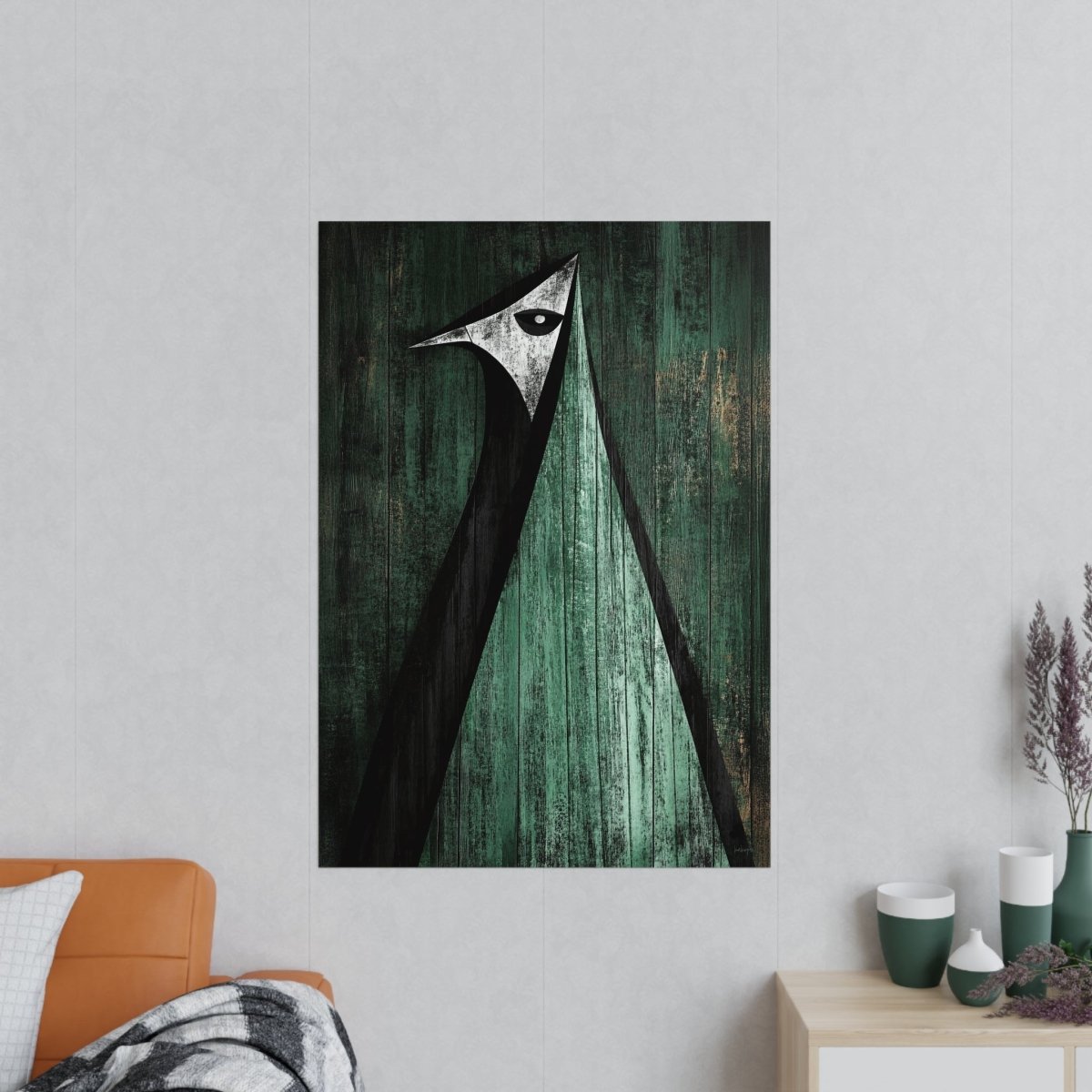 Minimalistisches Kunstposter – Abstrakter Vogel auf verwittertem Holz - Poster bei HappyHugPixels