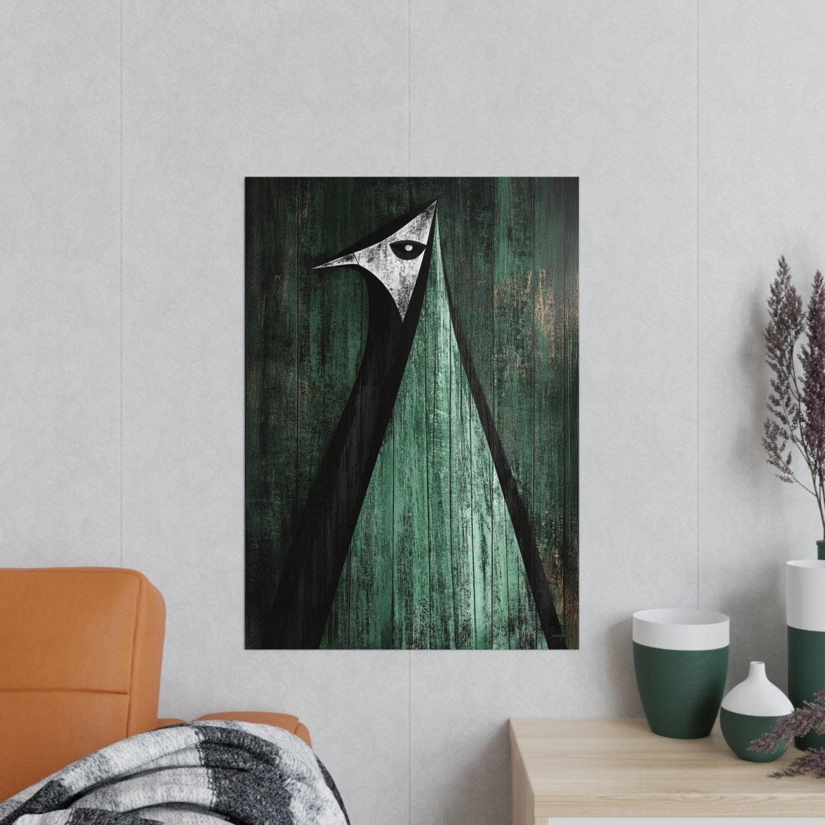 Minimalistisches Kunstposter – Abstrakter Vogel auf verwittertem Holz - Poster bei HappyHugPixels