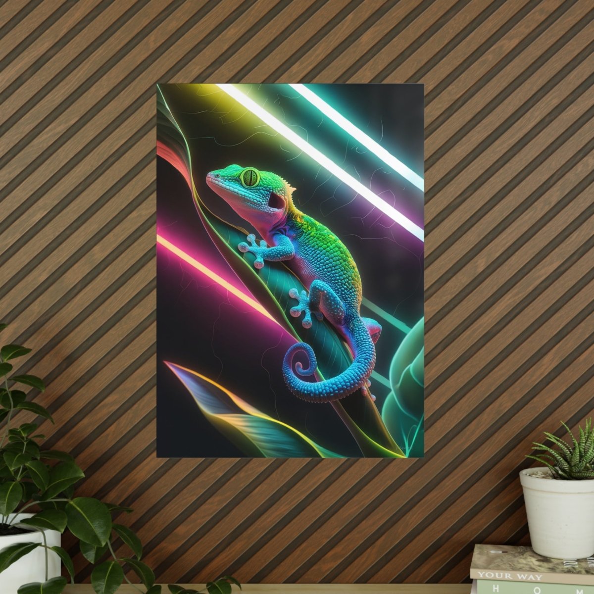 Neon Gecko Kunstposter – Farbintensives Wandbild - Poster bei HappyHugPixels