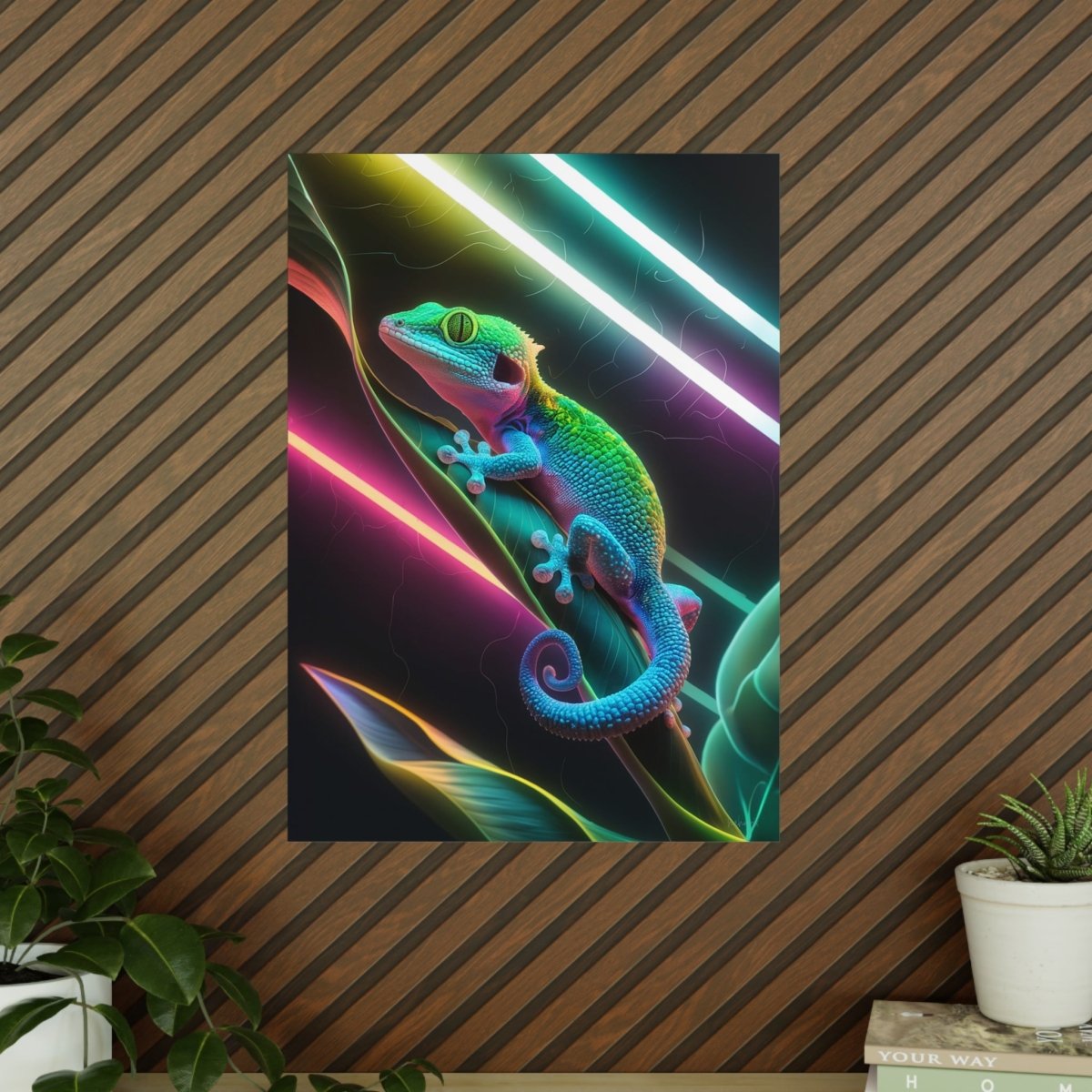 Neon Gecko Kunstposter – Farbintensives Wandbild - Poster bei HappyHugPixels