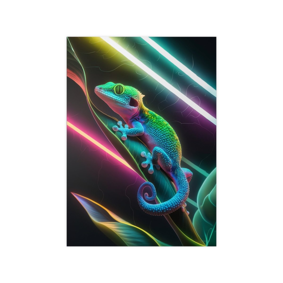 Neon Gecko Kunstposter – Farbintensives Wandbild - Poster bei HappyHugPixels