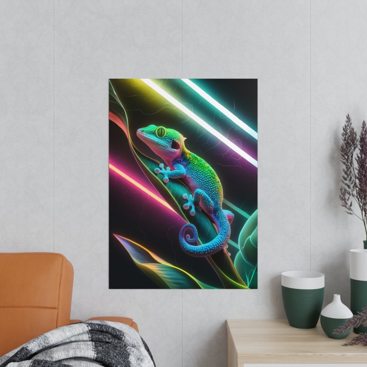 Neon Gecko Kunstposter – Farbintensives Wandbild - Poster bei HappyHugPixels