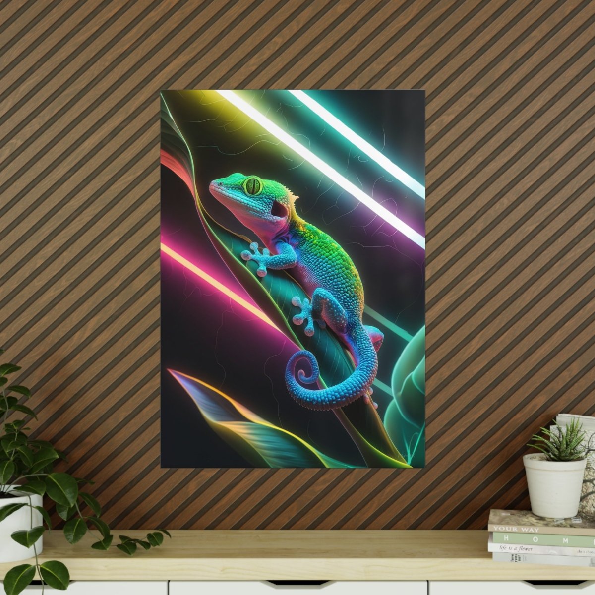 Neon Gecko Kunstposter – Farbintensives Wandbild - Poster bei HappyHugPixels