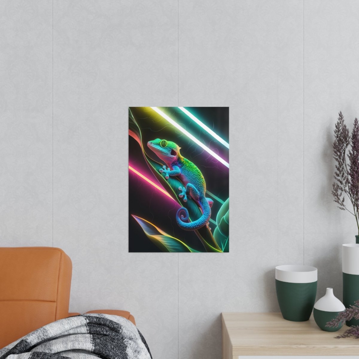 Neon Gecko Kunstposter – Farbintensives Wandbild - Poster bei HappyHugPixels