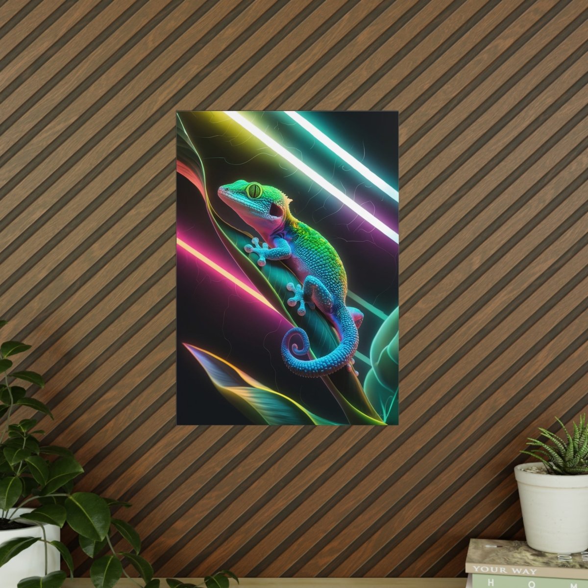 Neon Gecko Kunstposter – Farbintensives Wandbild - Poster bei HappyHugPixels