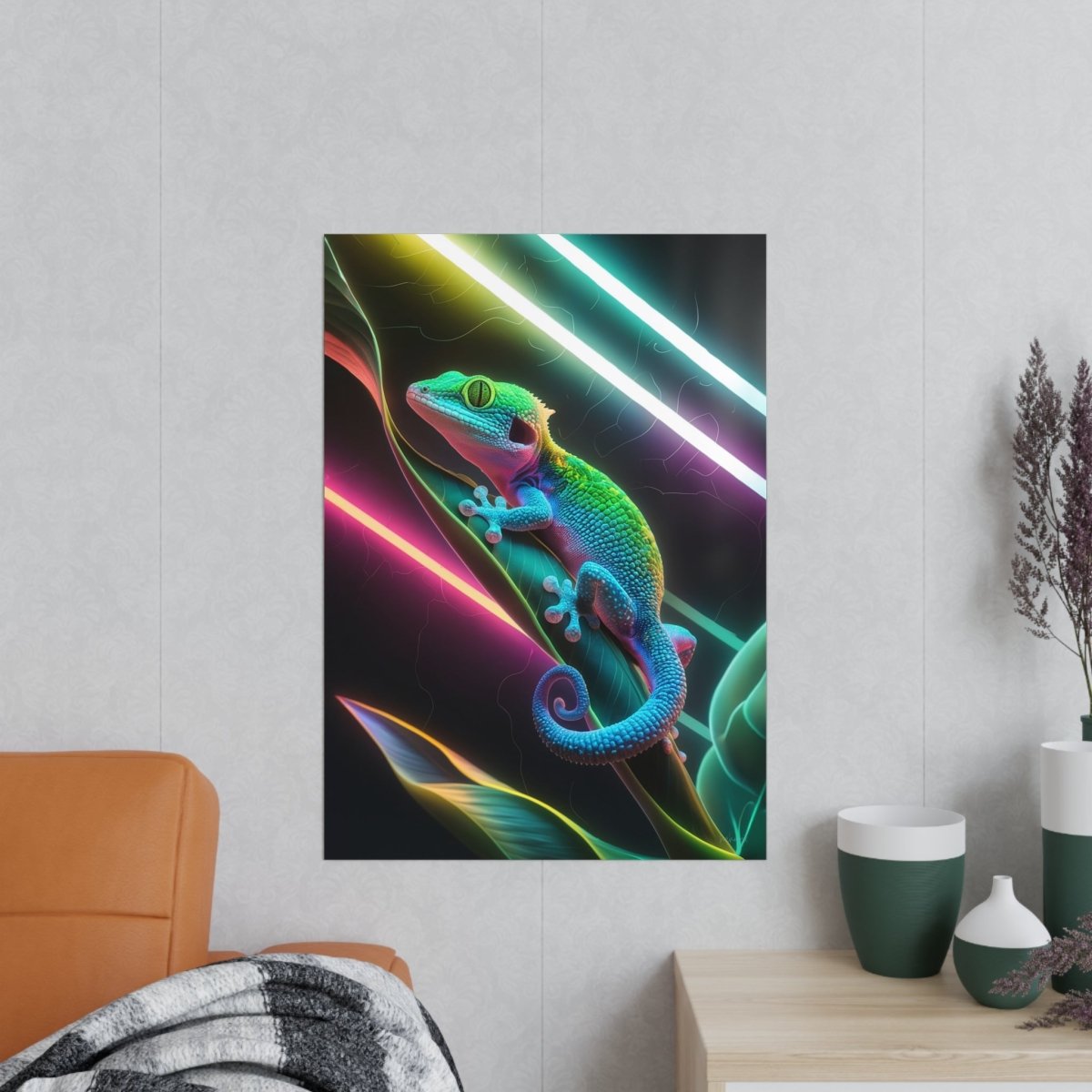 Neon Gecko Kunstposter – Farbintensives Wandbild - Poster bei HappyHugPixels