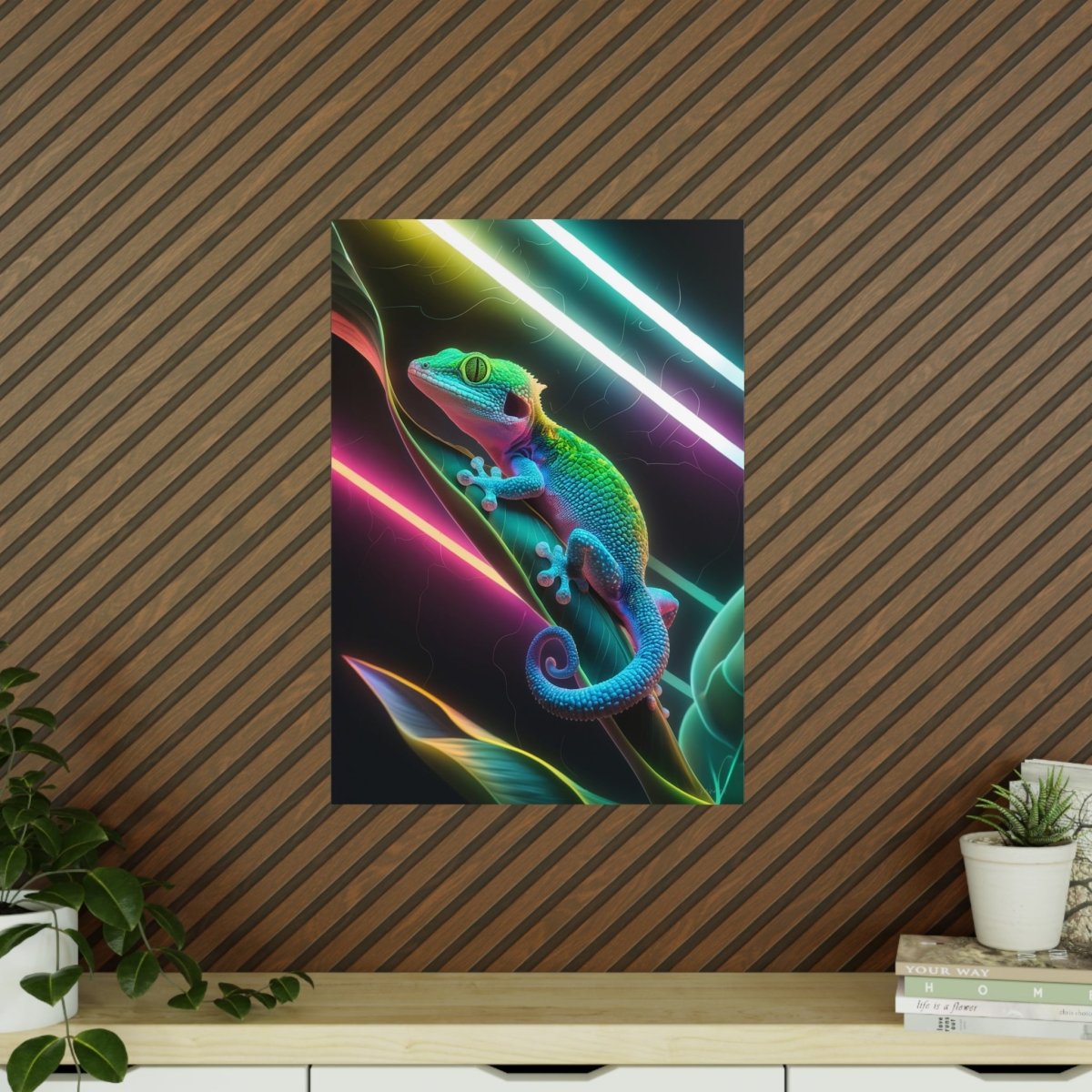 Neon Gecko Kunstposter – Farbintensives Wandbild - Poster bei HappyHugPixels