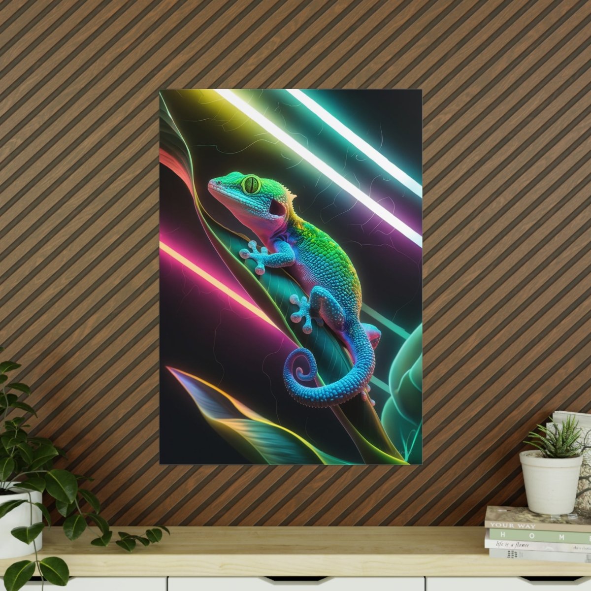 Neon Gecko Kunstposter – Farbintensives Wandbild - Poster bei HappyHugPixels