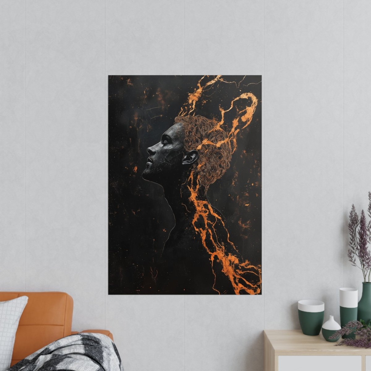 Portrait Kunst Wandbild: Silhouette in Orange & Schwarz - Poster bei HappyHugPixels