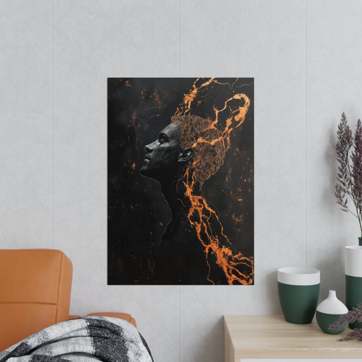 Portrait Kunst Wandbild: Silhouette in Orange & Schwarz - Poster bei HappyHugPixels