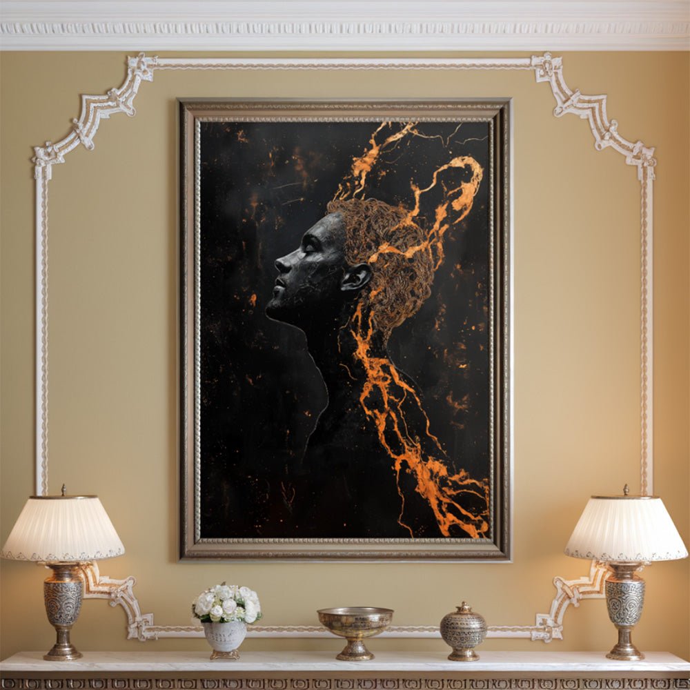 Portrait Kunst Wandbild: Silhouette in Orange & Schwarz - Poster bei HappyHugPixels