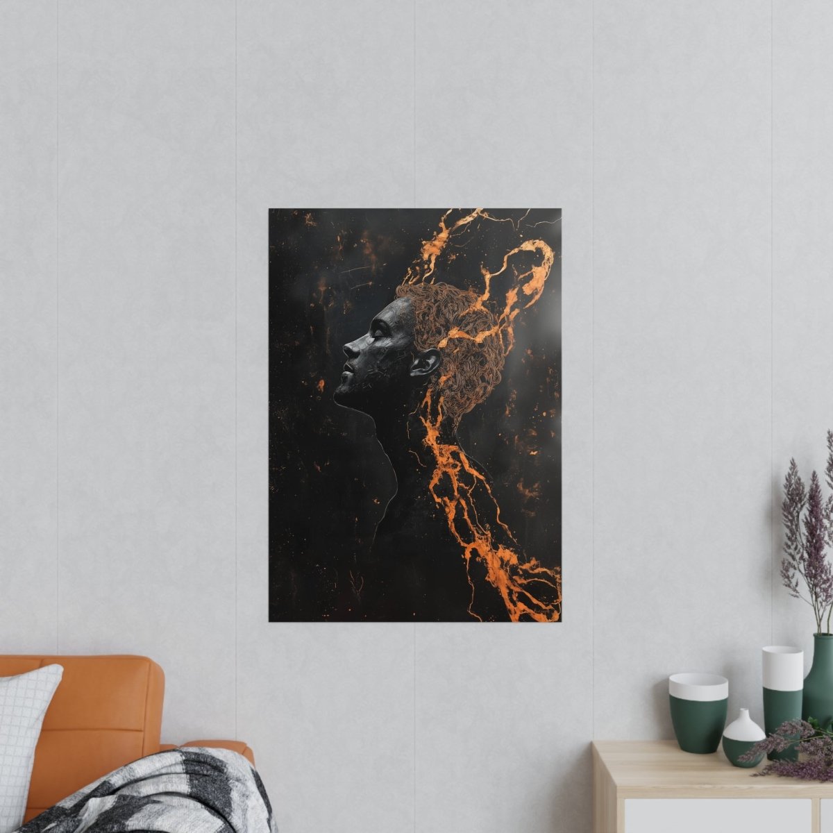 Portrait Kunst Wandbild: Silhouette in Orange & Schwarz - Poster bei HappyHugPixels