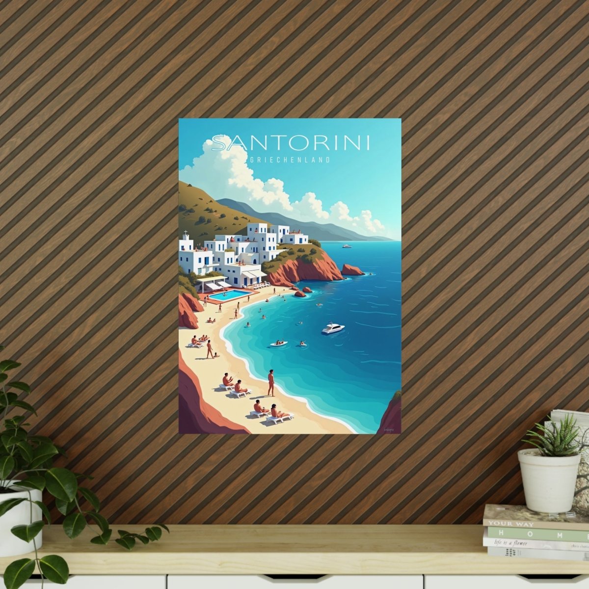 Santorini Reiseposter: Traumhafte Strandbucht im Retro - Stil auf Premium - Fotopapier - Poster bei HappyHugPixels