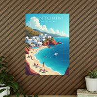 Santorini Reiseposter: Traumhafte Strandbucht im Retro - Stil auf Premium - Fotopapier - Poster bei HappyHugPixels