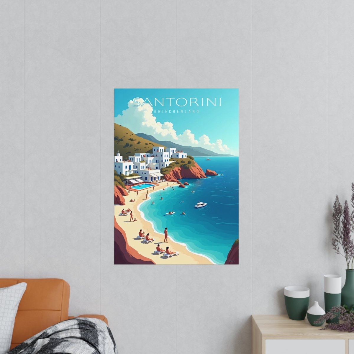 Santorini Reiseposter: Traumhafte Strandbucht im Retro - Stil auf Premium - Fotopapier - Poster bei HappyHugPixels