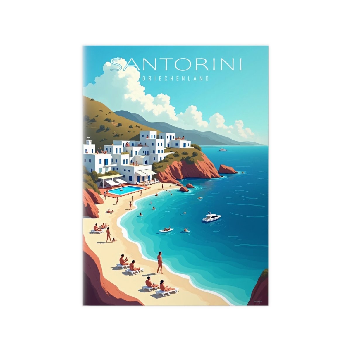 Santorini Reiseposter: Traumhafte Strandbucht im Retro - Stil auf Premium - Fotopapier - Poster bei HappyHugPixels