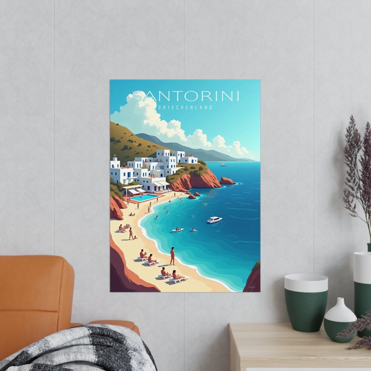 Santorini Reiseposter: Traumhafte Strandbucht im Retro - Stil auf Premium - Fotopapier - Poster bei HappyHugPixels