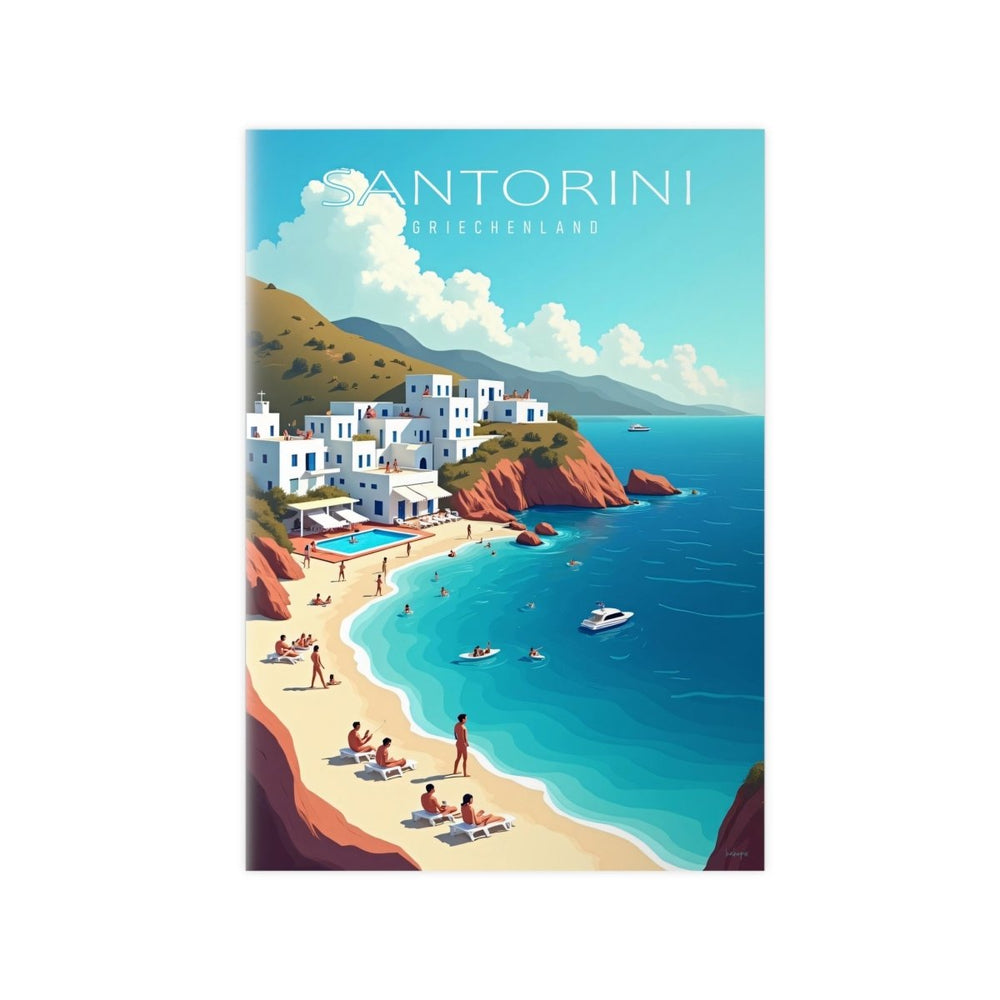 Santorini Reiseposter: Traumhafte Strandbucht im Retro - Stil auf Premium - Fotopapier - Poster bei HappyHugPixels