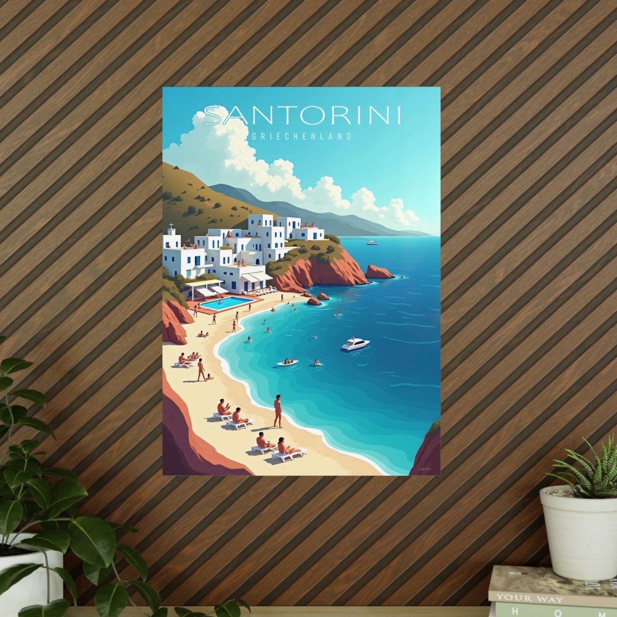 Santorini Reiseposter: Traumhafte Strandbucht im Retro - Stil auf Premium - Fotopapier - Poster bei HappyHugPixels