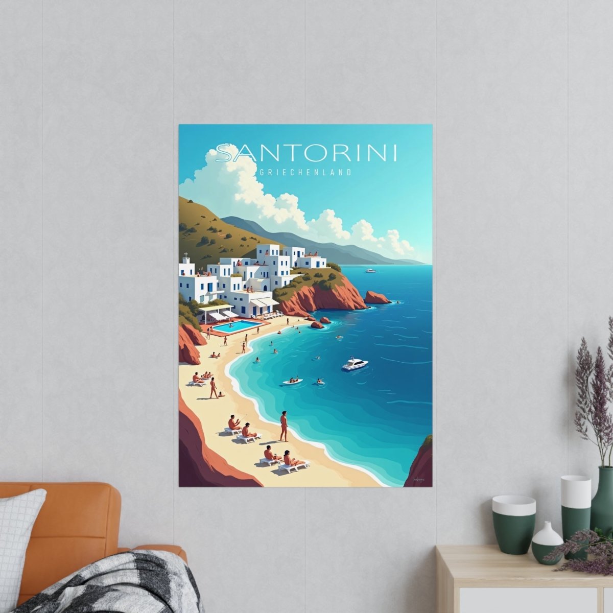 Santorini Reiseposter: Traumhafte Strandbucht im Retro - Stil auf Premium - Fotopapier - Poster bei HappyHugPixels