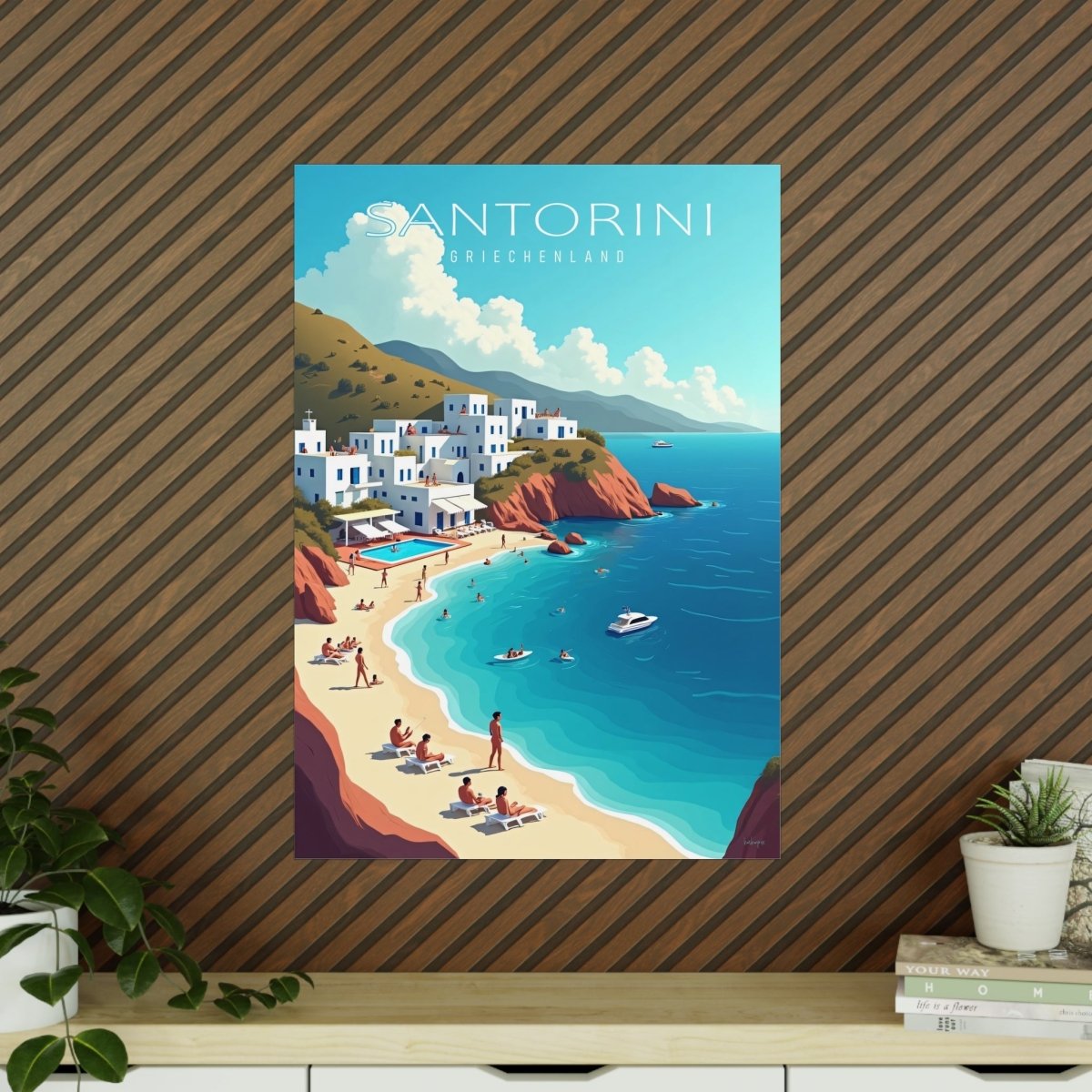 Santorini Reiseposter: Traumhafte Strandbucht im Retro - Stil auf Premium - Fotopapier - Poster bei HappyHugPixels