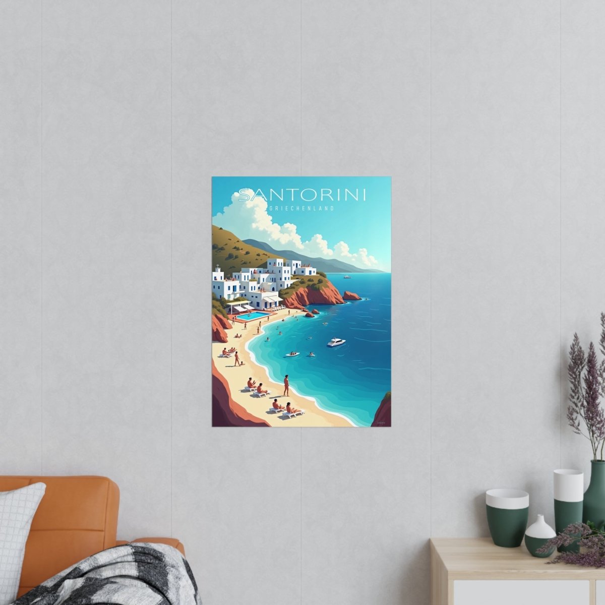 Santorini Reiseposter: Traumhafte Strandbucht im Retro - Stil auf Premium - Fotopapier - Poster bei HappyHugPixels