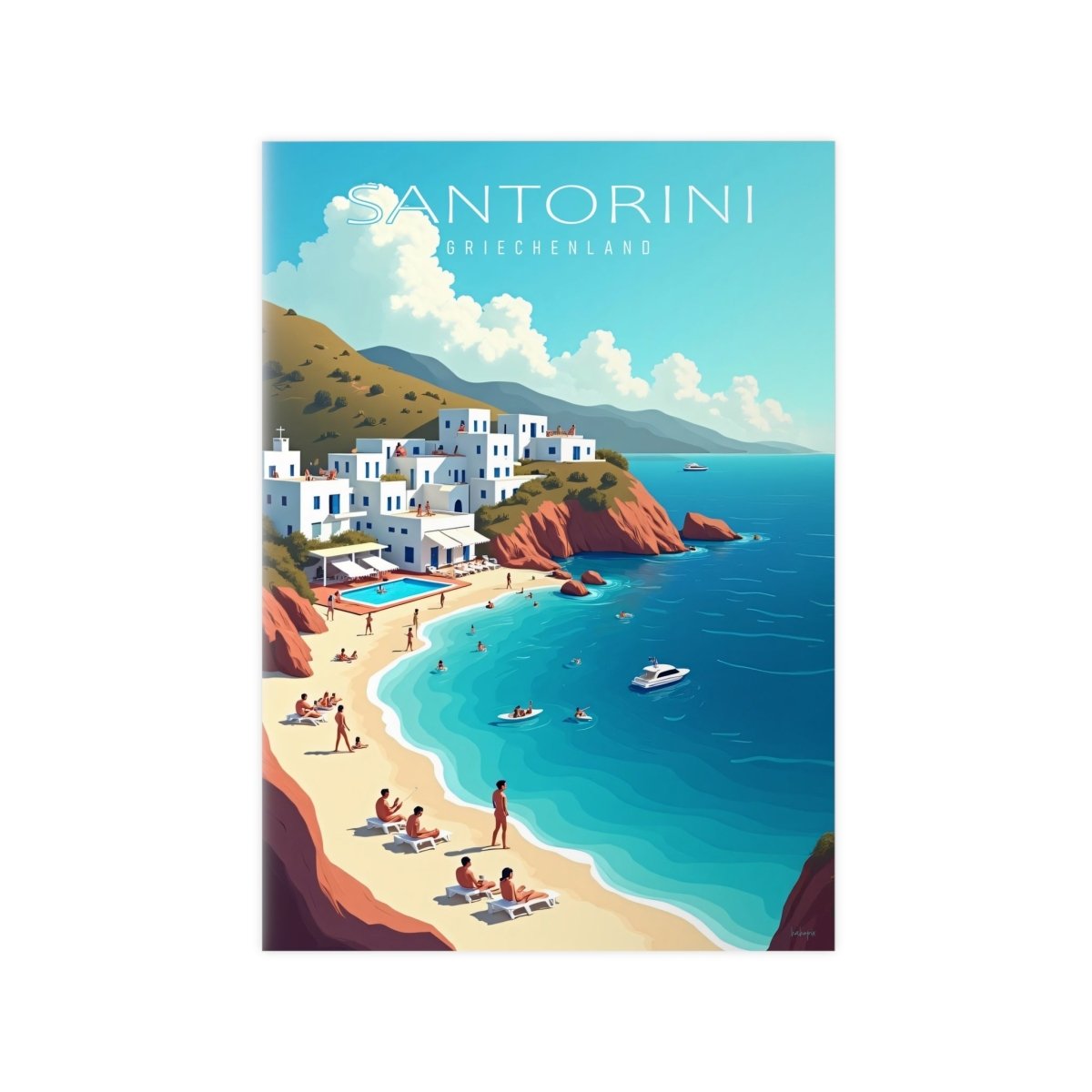 Santorini Reiseposter: Traumhafte Strandbucht im Retro - Stil auf Premium - Fotopapier - Poster bei HappyHugPixels