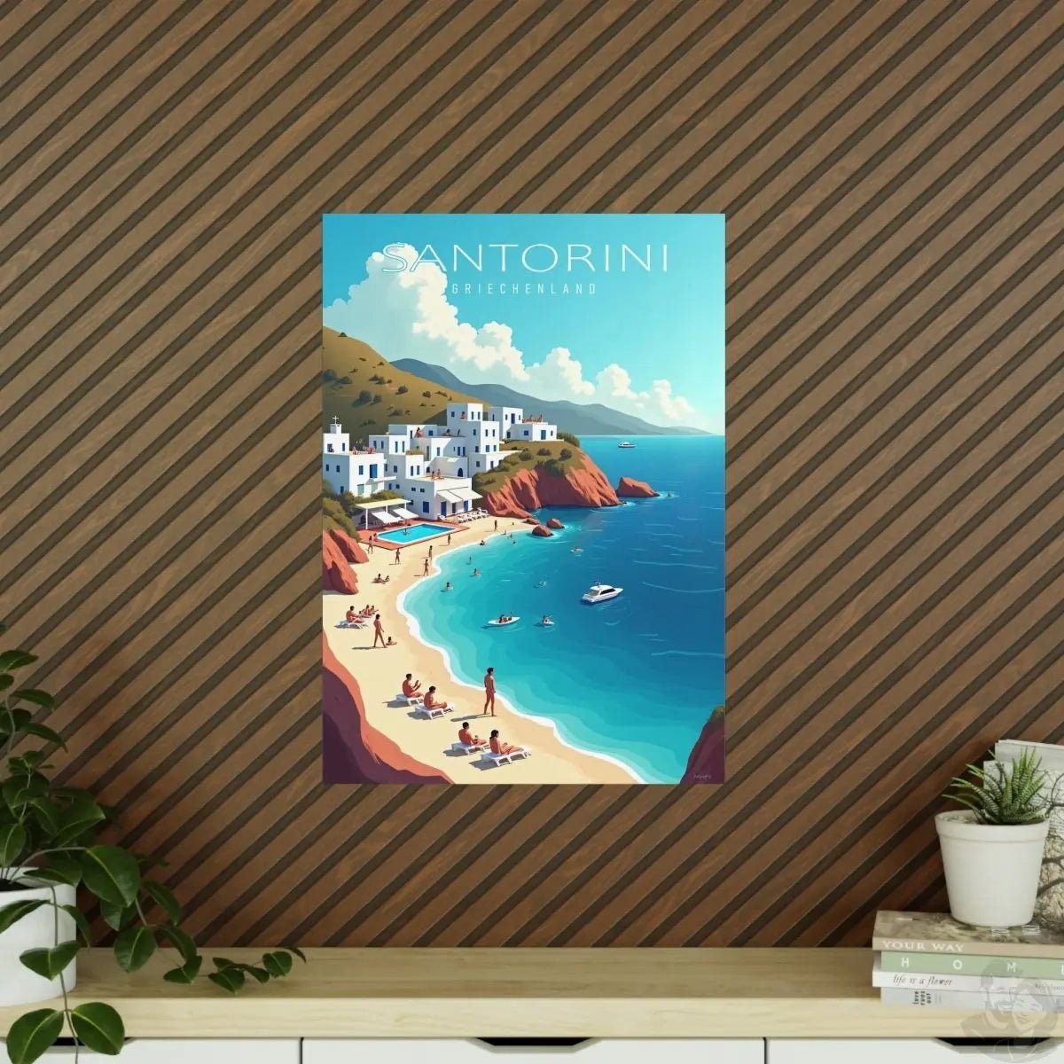 Santorini Reiseposter: Traumhafte Strandbucht im Retro - Stil auf Premium - Fotopapier - Poster bei HappyHugPixels