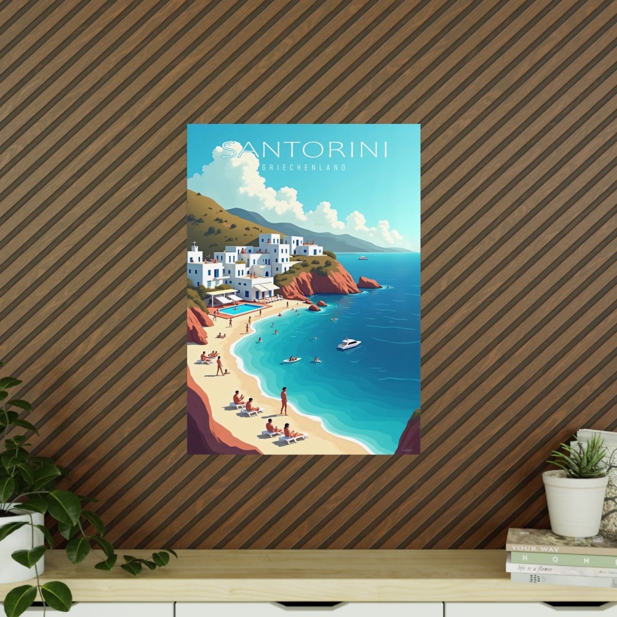 Santorini Reiseposter: Traumhafte Strandbucht im Retro - Stil auf Premium - Fotopapier - Poster bei HappyHugPixels