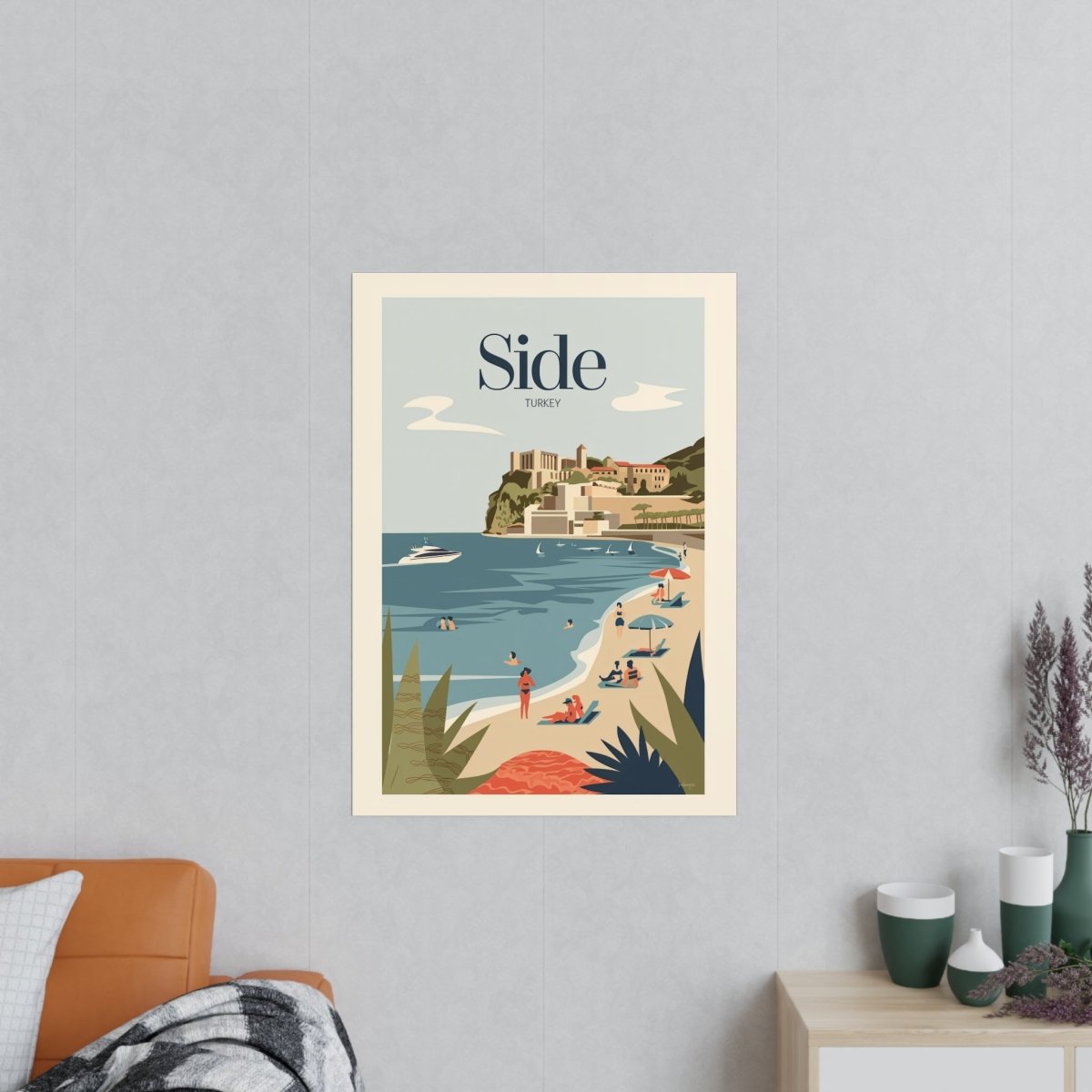 Side Türkei Reiseposter: Malerische Küstenansicht im Retro - Stil - Poster bei HappyHugPixels