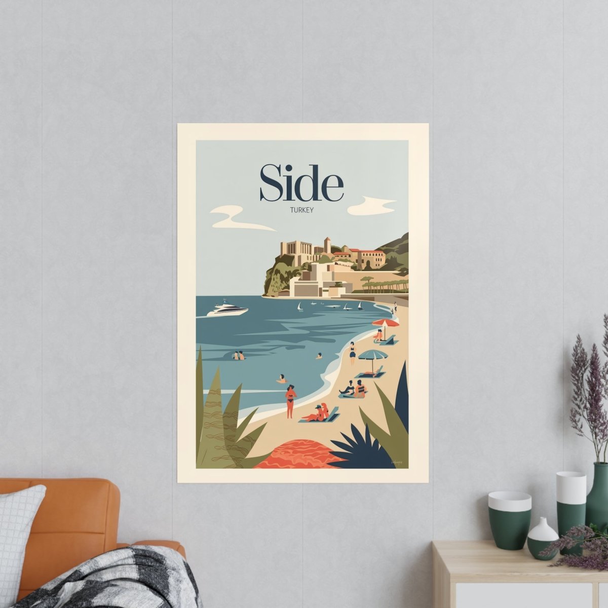 Side Türkei Reiseposter: Malerische Küstenansicht im Retro - Stil - Poster bei HappyHugPixels