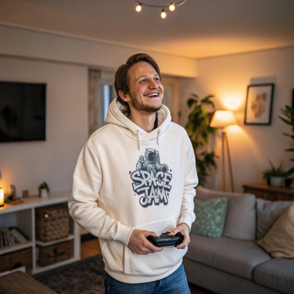 Gamer trägt in einem Zimmer den Space Hoodie Astronaut Pullover Streetwear für Herren